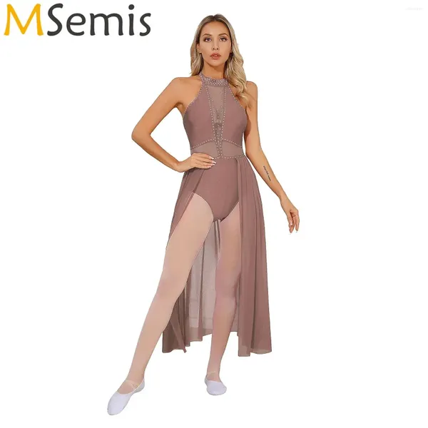 Sahne Giyim Kadın örgü lirik dans elbisesi modern çağdaş performans kostümü leotard flowy maxi elbiseler dans giysileri