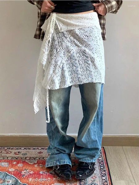 Röcke Frauen Spitze weißer Rock Y2K Kleidung Streetwear Vintage Unregelmäßiges Design schichten Kawaii Gothic Bucurtains Schürze