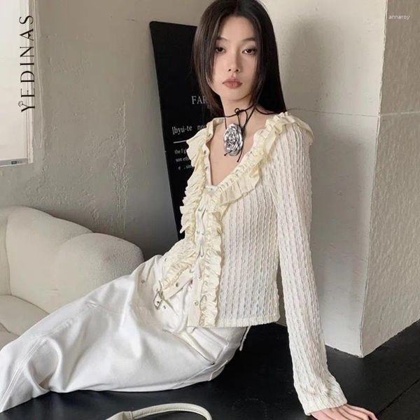 Blusas femininas Yedinas Fairycore Lace Up Blusa Roupas Mulheres de manga comprida ADMPOT 2024 Spring Shirt Ladies Tops Korean Moda Y2K