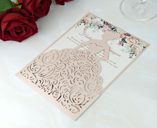 Blush Pink Flower Printing Girl Quinceanera convites com envelope 20color shiny princess sweet quinze festas de aniversário convite9348850