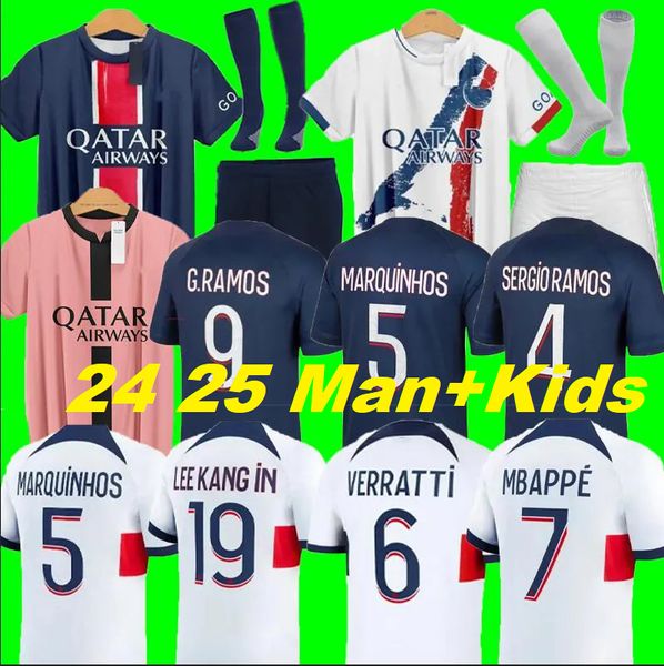 NEU 24 25 MAILLOT MBAPPES Fußballtrikots Kids Kit 24 Spielerversion Training vor Spiel 2024 Maglia Paris Home Away Football Shirt Hakimi Fabians Vitinha Os Dembele