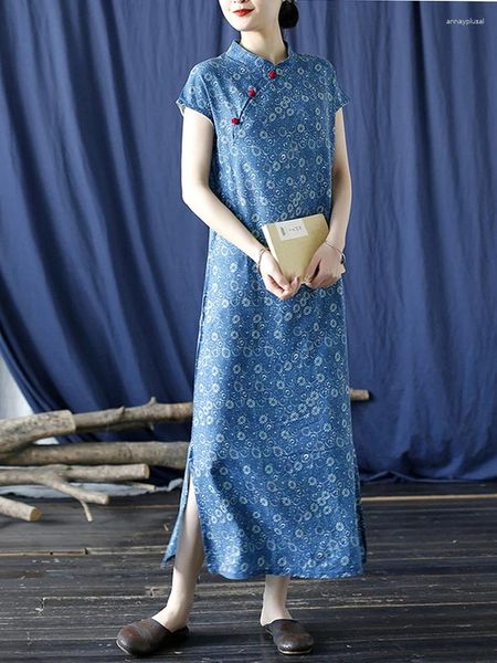 Vestidos de festa Johature Women Women Chinese Summer Dress Stand Stand Sleeve Linho de linho de algodão Floral Cheongsam 2024 Button A-line