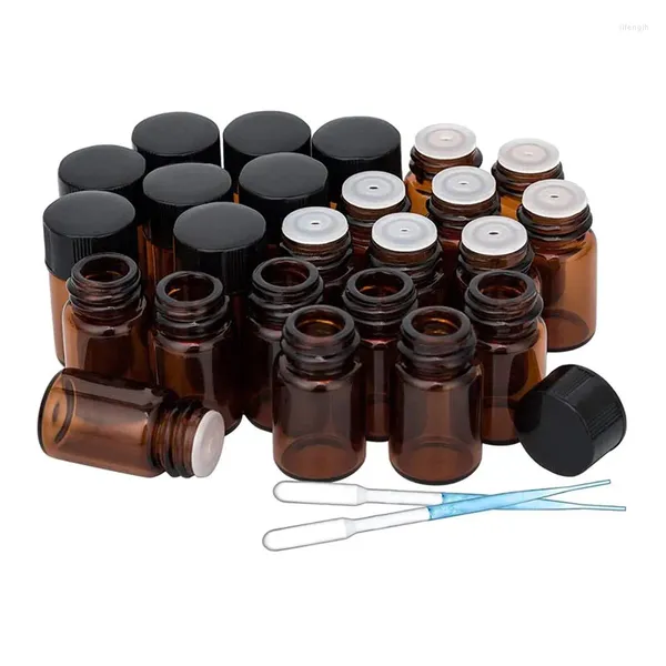 Bottiglie di stoccaggio 24pcs da 2 ml di vetro mini campione ambra con tappi neri per oli essenziali chimica laboratorio chimici profumi di colonia