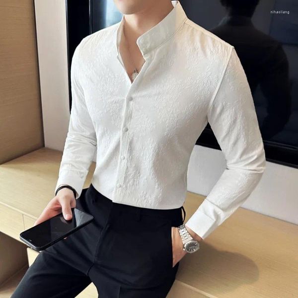 Erkekler sıradan gömlek Çin tarzı stant yaka koyu çiçek desen ince iş resmi gömlek sosyal smokin bluz erkek giyim