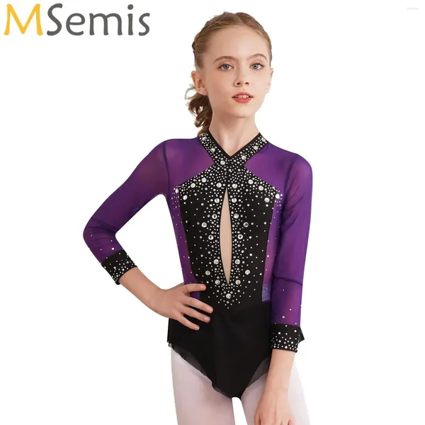 Stage desgaste infantil garotas Rhinestones Dance Darne Dress Gymnastics Leotard Mesh Skirted Bodysuit para figuras