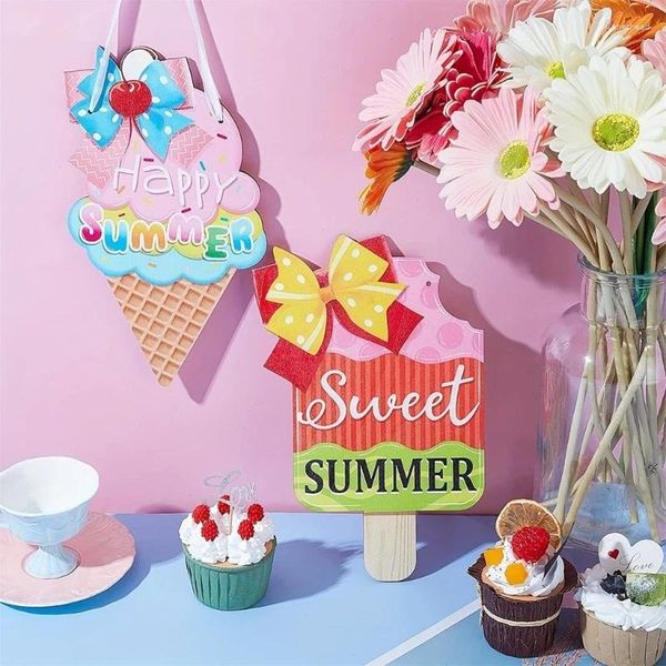 Dekorative Figuren 2pcs Happy Summertime Türzeichen Bunte Eisbügel Bauernhäuser Plaques Hänge Anhänger für Wandfenster nach Hause