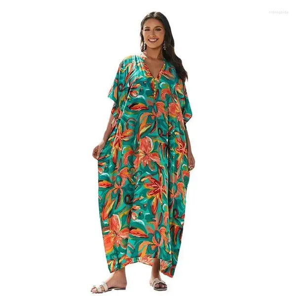 Kaftan Kleid Deckhöfe für Frauen Badebekleidung Strandauslass gedruckt Smock Cotton Green und Orange Costümen Sommer 2024