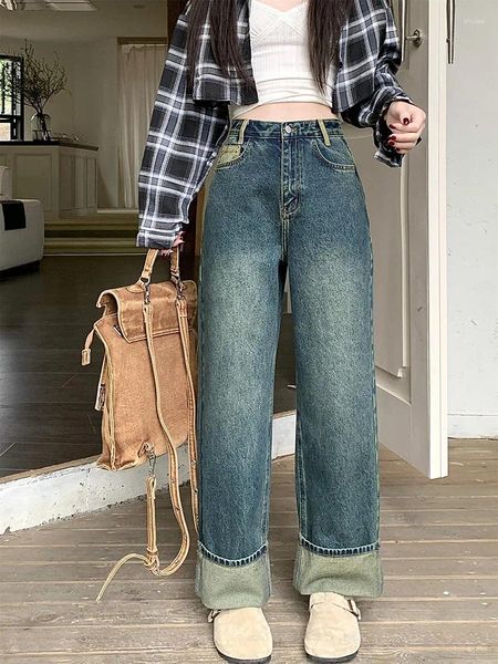 Frauen Jeans SLERGIRI VINTAGE Klassische Hochtaille 2024 Frühling Koreaner Mode Lose Rolled Saum gerade Bein Denimhose