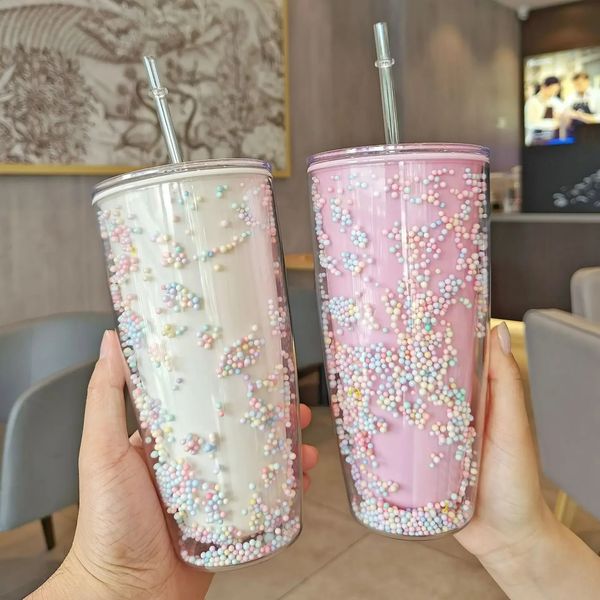 780ml Büyük Saman Tumbler Sevimli Kawaii Macaron Bubbles Bardakları Pipetler ile Çift Duvar Plastik Su Şişesi İçecek Yazılar Kız Kadınlar için 240422