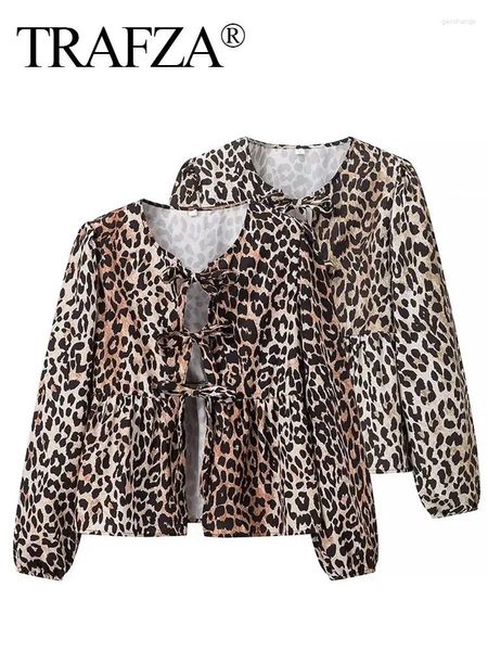 Camicette da donna trafza donne stampare leopardo camicie in allaccia