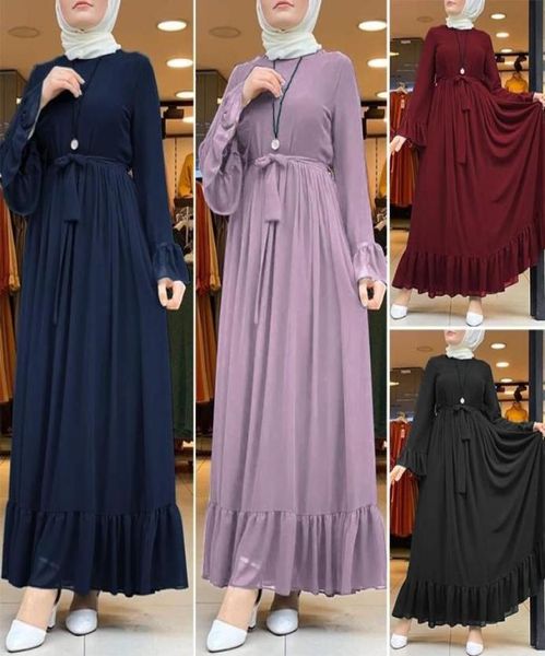 Dubai Abaya Türkei Hijab Kleid Frauen Herbst Sundress Jilbab Islamische Kleidung Caftan Marocain Zanzea Langarm Rüschen1412656