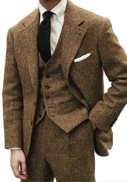 MEN039S подходит 3 штуки супер -размер 6xl Brown Herringbone Business Retro Classic Phitely для свадебного черного платья костюма 2022 L220708178648