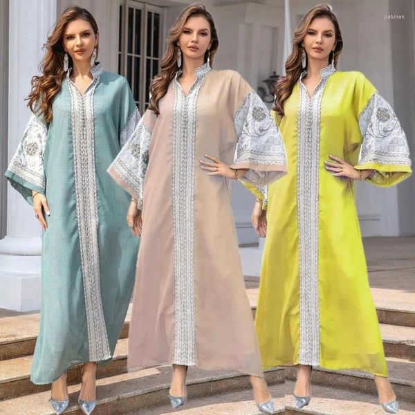 Roupas étnicas Estilo vintage Robô de bordado Eid Mulheres muçulmanas vestidos soltos Marrocos Abaya Dubai Turquia Roupas árabes Islâmica Kaftan femme