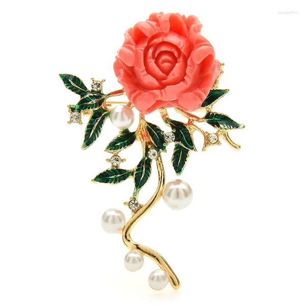 Broches wulibaby bela peony flor para mulheres unissex rosa resina pérola encantadora plantsy plantas de festa brooch pins presentes