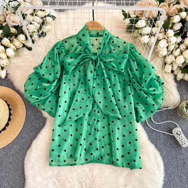 Frauenblusen Mujer Französisch Retro Bogen Schnürung Bubble Bubble Kurzärmel Organza Bluse Ärmeln Tupfen Hemd Chiffon Top Shirts