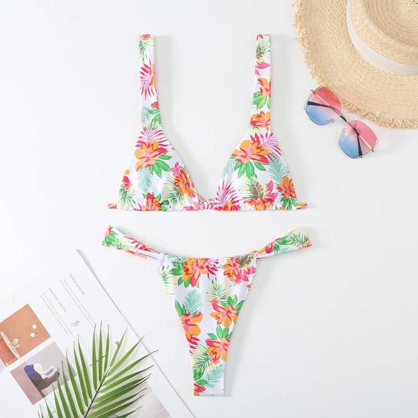 Moda de banho feminina Sexy Floral Print Triangle Bikini 2024 Mulheres Meninas de Tire -Tire