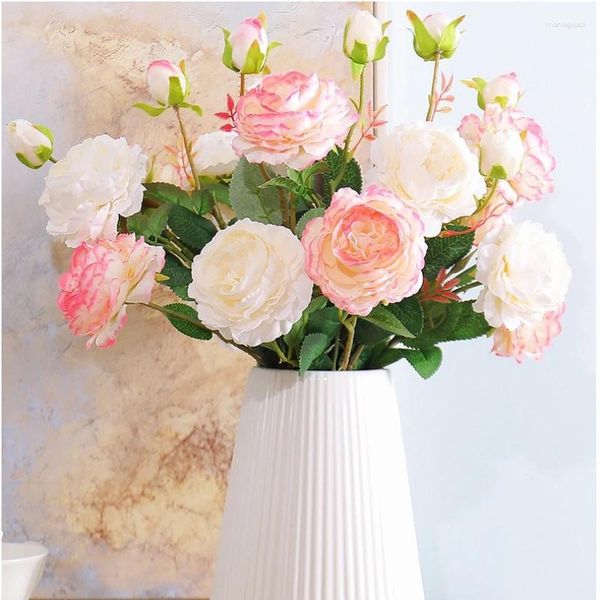 Fiori decorativi 3 teste peonie artificiali matrimoni decorazione giardino decorazione seta bouquet falsa fiore in stile europeo festa peonia bianca rosa