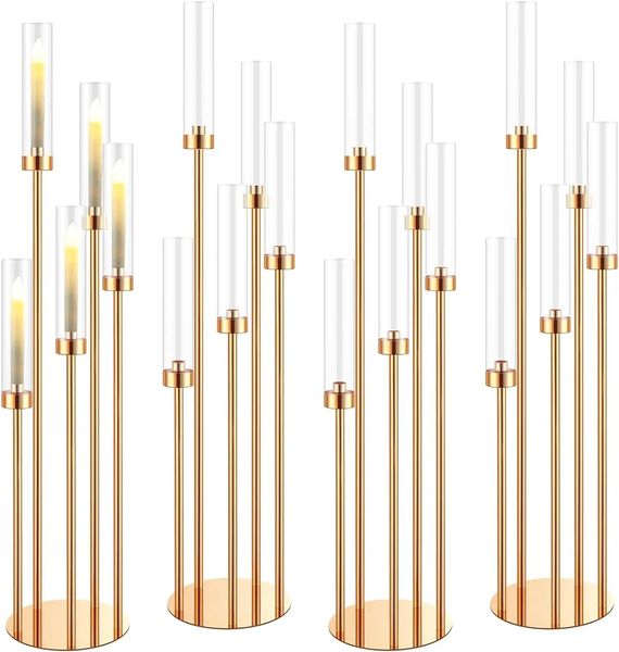 Nessuna candela) solo può usare candela a LED) 4 colori può scegliere) Piano Candelabra 5 braccia Gold Candela, Centrotavola Candelabra