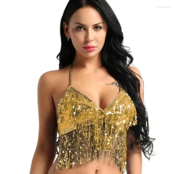 Stage Wear Shiny Seques Belly Dance Costume Impietato Reggiseno Halter Top Top Paiugh Performance Outfits Club Party Festival rave sexy Crop Tops