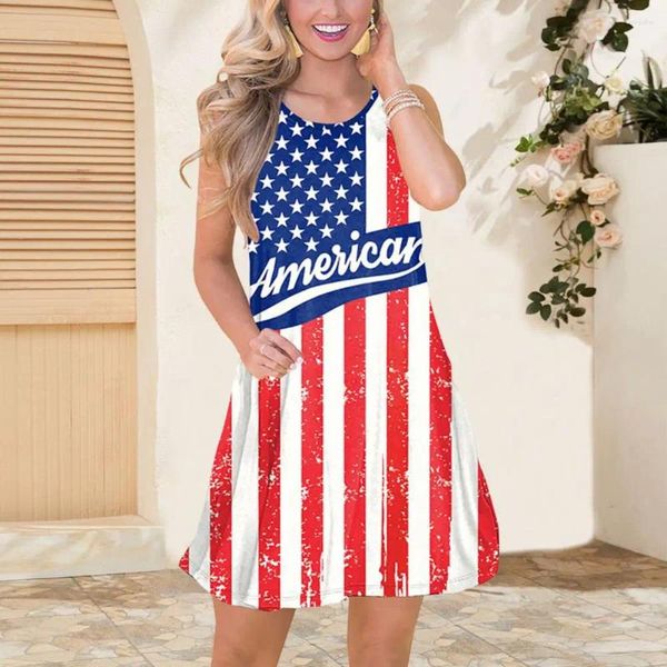 Sıradan Elbiseler Bağımsızlık Günü Elbise Vatansever Kadınlar Solsuz Mini Yıldız Striped Baskı Amerikan Ulusal Bayrağı İçin