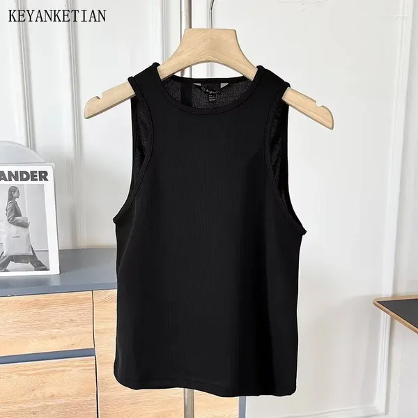 Damen-Tanks Keyanketian 2024 Launch Frauen schwarz enge Strickweste Sommer Amerikaner Retro O-Neck