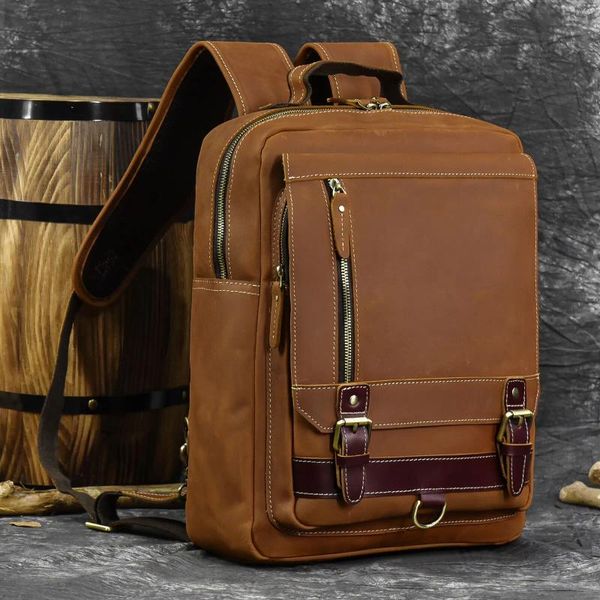 Rucksack Retro echtes Leder Big Bag Dual Use Beutel Crazy Horse Daypack Multifunktion Männer Taschen