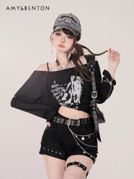 Frauenshorts 2024 Sommer süßer gotischer Kette Anhänger Schlanker fit schwarzer Jeans für Frauen Harajuku -vielseitiges Mädchen