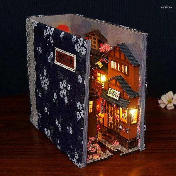 Dekoratif Figürinler Ahşap Japon Mağaza Kitabı Köşe Raf Ekleme Kitleri Minyatür DIY Dollhouse Mobilya Kiraz Çiçekleri Kitap Oyuncaklar