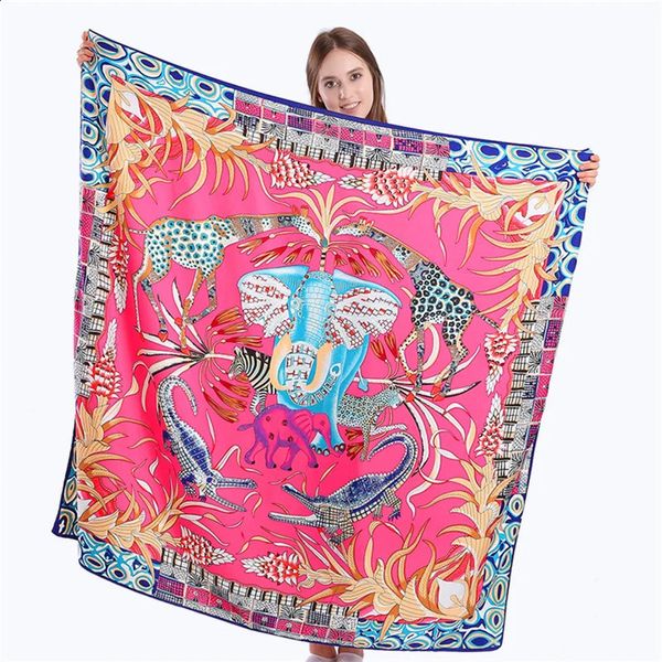 POBING 100% Sarraça de lenço quadrado de seda animais impressos mulheres lenços envolvem girafa pescoço espanhol foulards cachecol grande bandana 240418