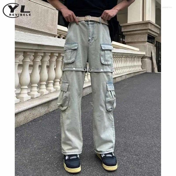 Jeans masculinos Multi Pocket Cargo Men Women American High Street Removível Button Design Denim Pants Casual Vintage Straight Troushers