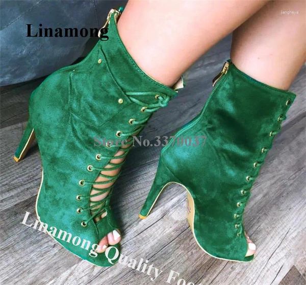 Stivali Linamong Est Peep Toe Suede Stiletto Tacco corto Gladiatore verde blu scroodo di booties ad alta caviglia club scarpe da club