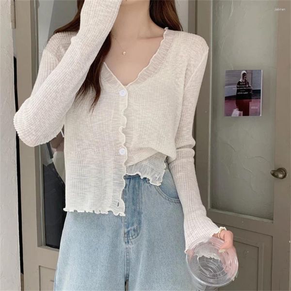 Malhas femininas moda coreana gelo protetor solar de seda para mulheres finas cardigãs sólidos de verão de manga longa xale ruffle shirt shirt shirt