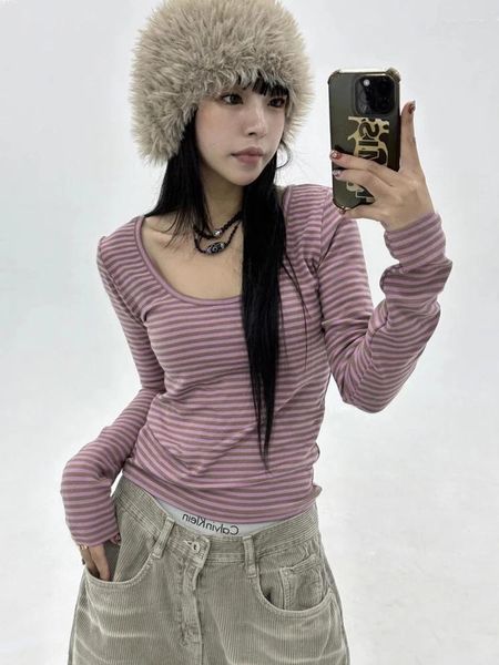 Damen T -Shirts Deeptown Vintage Korean Striped Women Y2K Dongdaemun Ästhetische Ernte Tops Casual Basic Long Sleeve Tees 2024