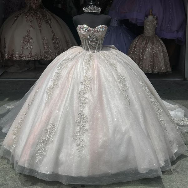 Weiß glänzender mexikanischer Quinceanera Kleid es sich Luxus von der Schulterapparat Spitze Perlen Korsett Prom Schnürung Vestido 15 Quinceaneras