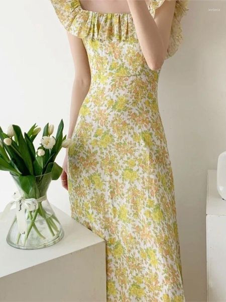 Повседневные платья летние цветочные перочки богемные миди -платье винтажные женщины ретро -квадратный воротниц желтый французский шикарный бого отпуск