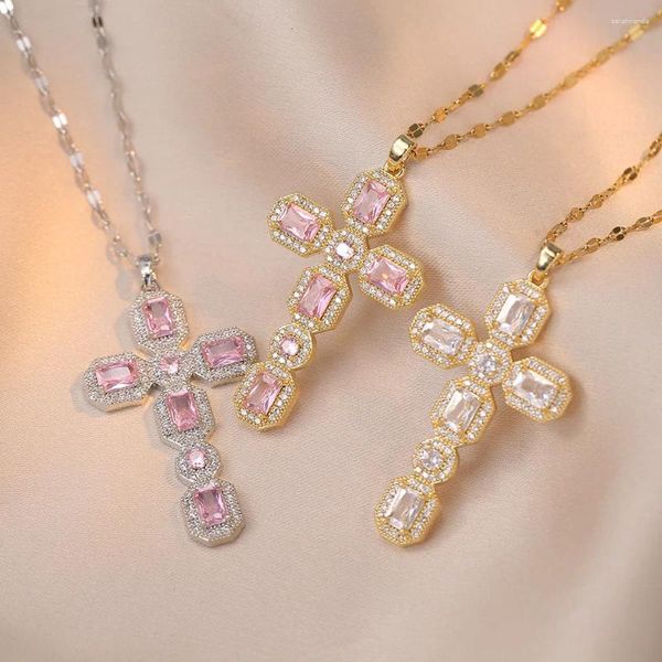 Anhänger Halsketten Luxus Big Cross Schlüsselbein für Frauen Silber Gold Farbe quadratische rosa weiße Zirkon Halshöhe Valentinstag Schmuck Geschenke