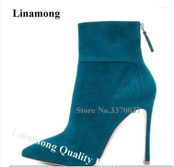 Botas linamong elegante moda pontual de camurça de couro estiletto salto curto azul preto traseiro com zíper para cima booties de tornozelo alto