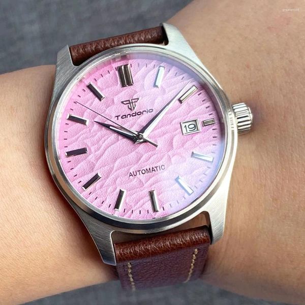 Наручительные часы Tandorio Automatic 20ATM Diving Watch для мужчин Pink Deal Date NH35A 200M WATER REST 39 мм сапфировой кристаллической внедорожник