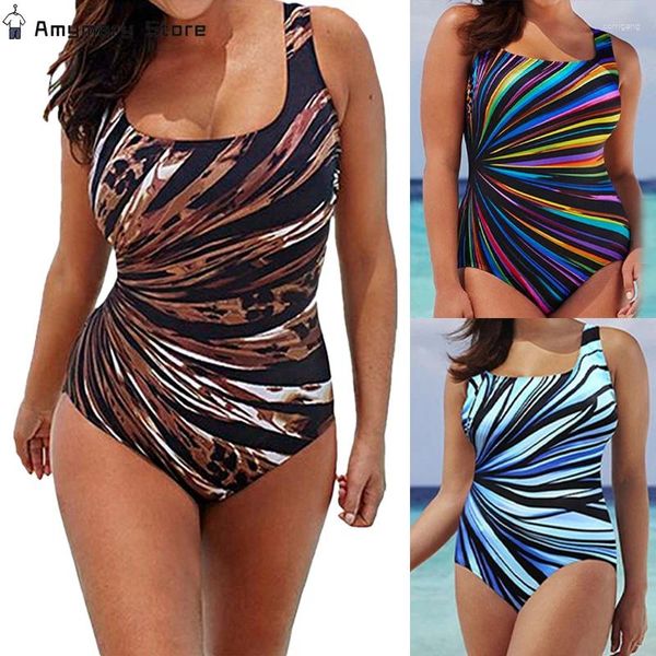 Frauen Badebekleidung elastischer sexy Rückenless Badeanzug Striped einteiliger Bikini Schnelltrocknende Feiertagskleid große Größe große Größe