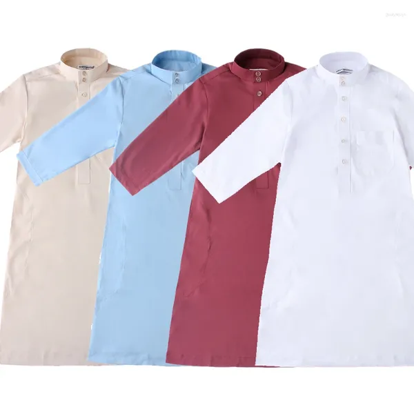 Set di abbigliamento per bambini abiti da abiti 2024 vestiti di colore solido ragazzi estate thawb musulmani abiti folk araba manica lunga thobe ramadan