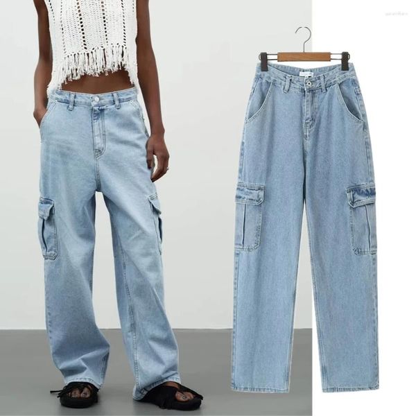 Frauenhose verdorrte amerikanische Retro Old High Street Loose Jeans Seite der Taschen Fracht Denim Frauen Fashion Ladies Mama