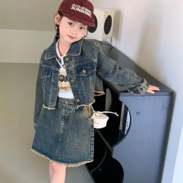 Conjuntos de roupas 2024 Spring Kids Set Denim Girls Contraste Color Patchwork Casaco de estilo curto e saia 2pcs