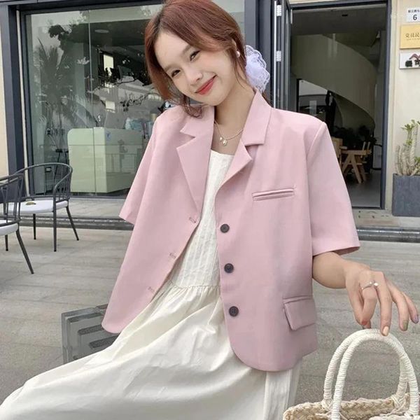 Frauenanzüge rosa Kurzarmanzug Jacke Frauen 2024 Elegante Büro Single Breace Blazer Frau Sommer Reverskragen Casual Cropped Coat