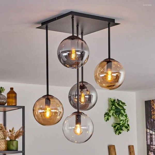Luzes de teto Modern Light Globe Glass 15 cm âmbar lustre de interior com 5 luzes de cor de fumaça transparente