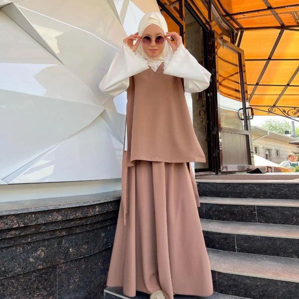 Abbigliamento etnico set da due pezzi Abaya Middle East Arab Women 2024 Spring Fashion Sleeveless Sump Up Glet Top Half Body Skirt Set