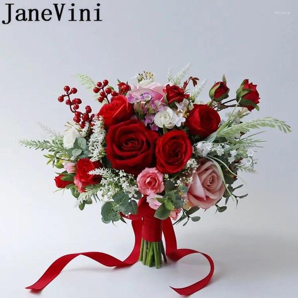 Fiori di nozze Janevini 2024 Rosso Bruquet Rosso Bride Bride Hand Pink Vintage Vintage De Roses Artificielle