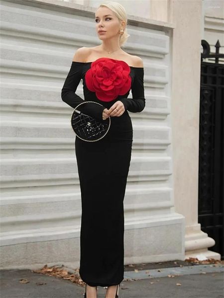 Vestidos de passarela Mulheres celebridades Designer de flores sexy Black Bandrage vestido longo