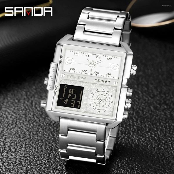 Relógios de pulso Moda Sanda Brand Men's Watches 3 Fuso horário Esporte Selógio de aço militar LED LED 30m Relógio masculino de regulação masculina masculino Masculino