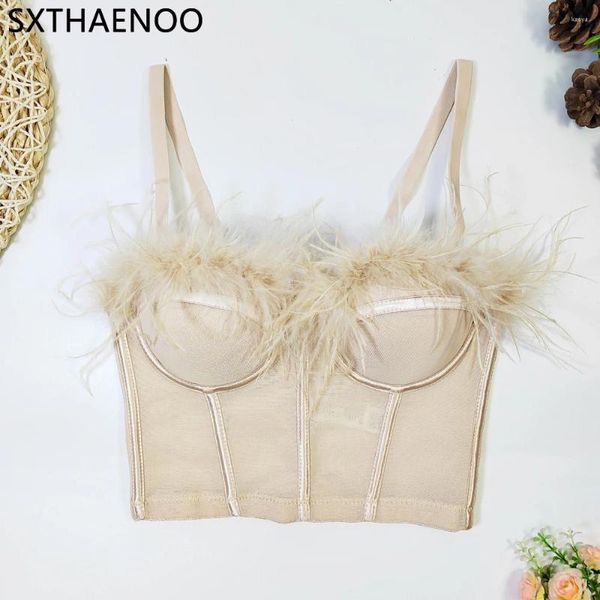 Tank da donna Sxthaenoo Vintage Feather Crop Tops Sexy Women Camisole Corset Sling Bustier Nightclub Party Tan Tend Trend Ladies Push Up Up