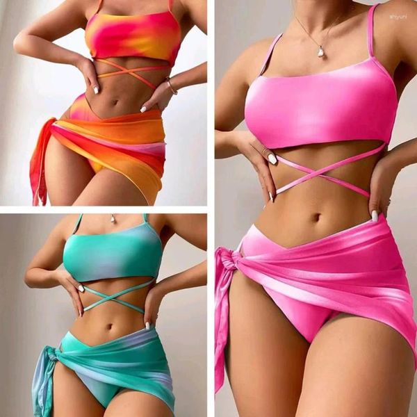 Taque de roupas de banho feminina tingido de biquíni de três peças feminino feminina férias de férias de feriado de praia de praia de enforcamento de malha gradiente de malha cruz